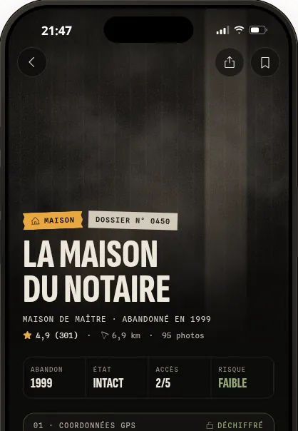 Écran Fiche : « La maison du notaire », date d’abandon, état et niveau de risque.